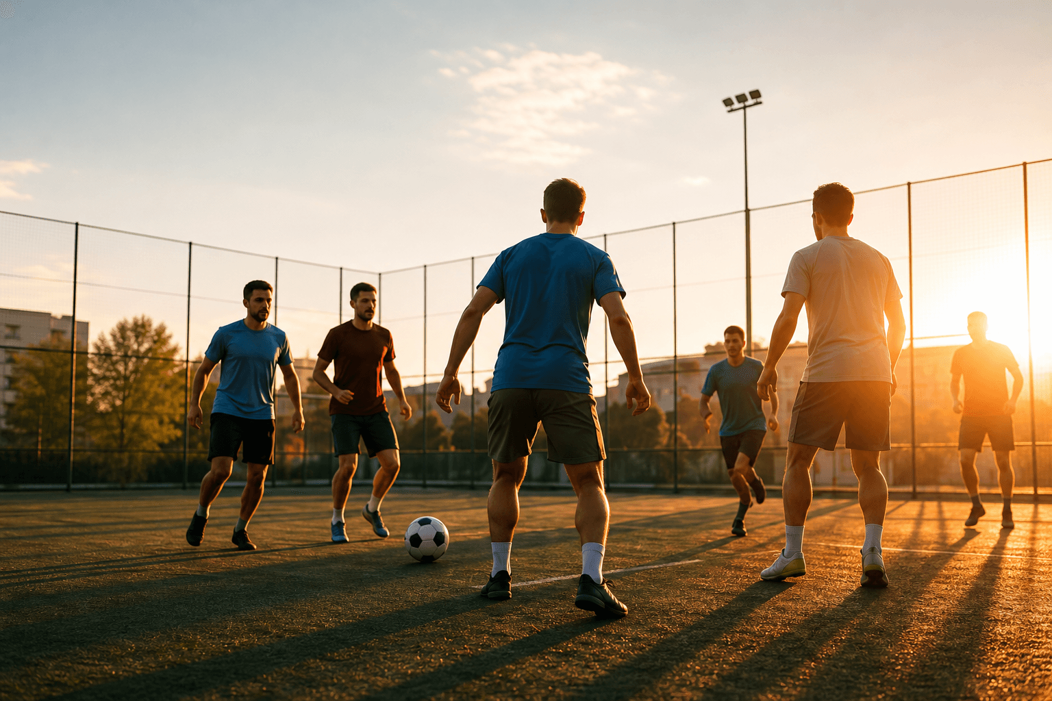 Partita di calcetto tra sportivi al tramonto